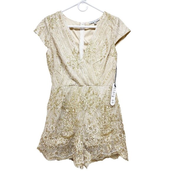 Sequin Womens Embellished Cream & Gold Short Sleeve Romper By Story On - Size S - Picture 1 of 11
